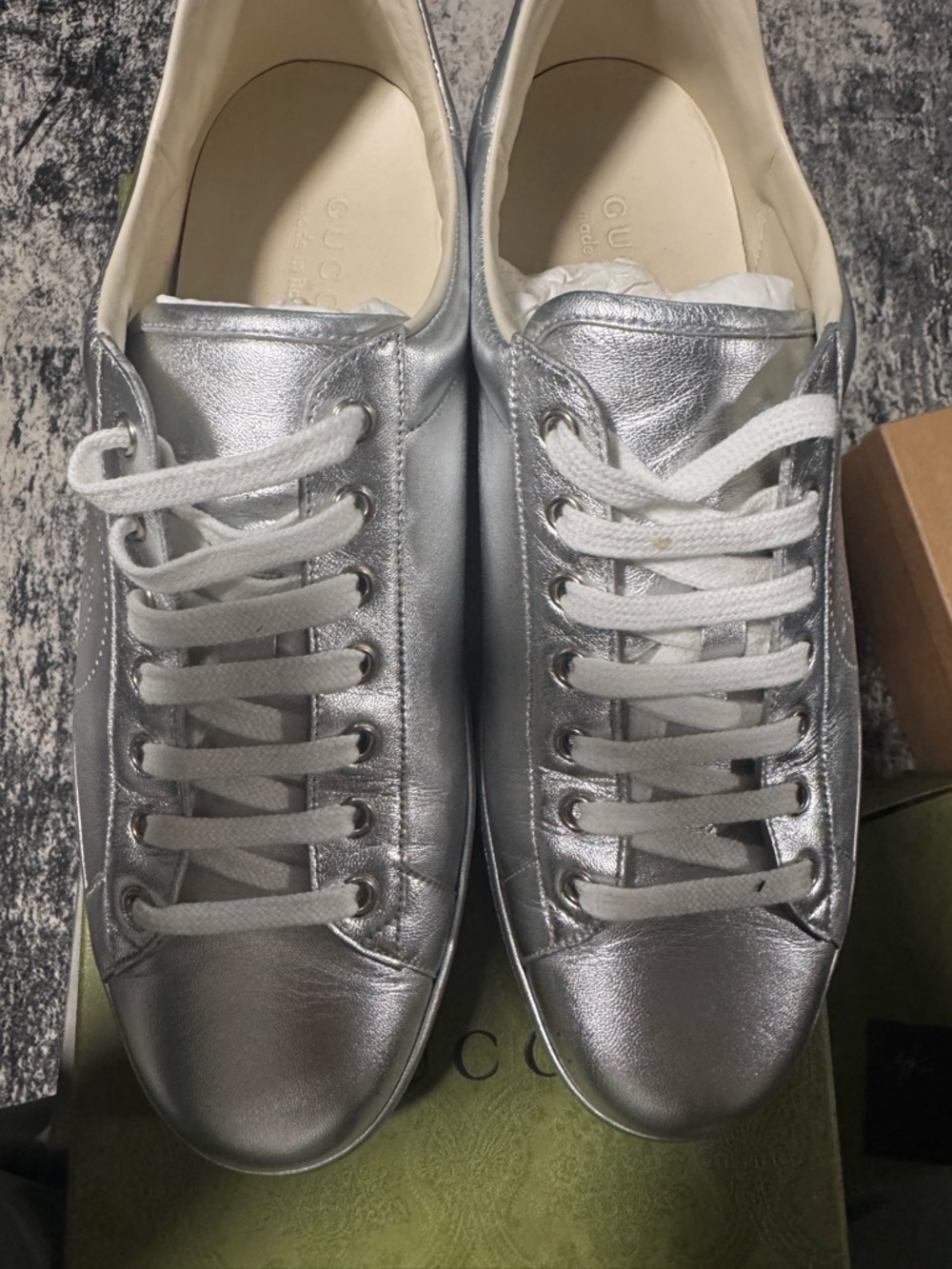 Gucci Silver Leather Lace-Up Sneakers